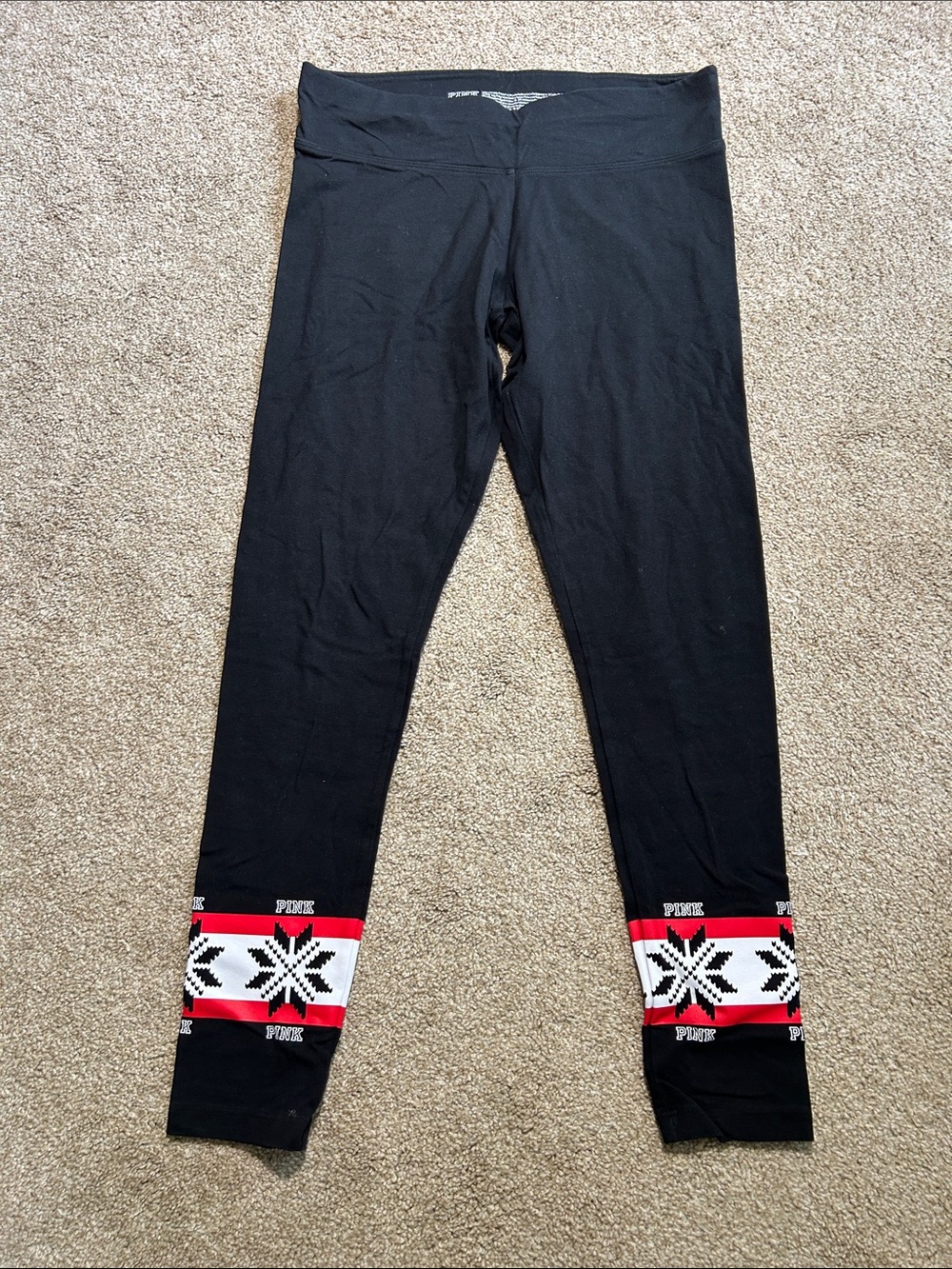 PINK Victoria's Secret Black Womens Leggings with Red and White Fair Isle Trim